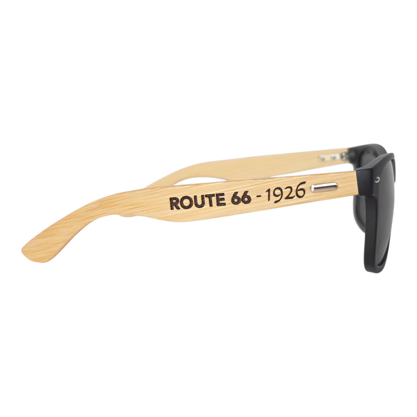 Black frame Route 66 sunglasses with bamboo wood arms engraved with Get Your Kicks 66 design, lightweight travel sunglasses for Route 66 road trip gift or souvenir
