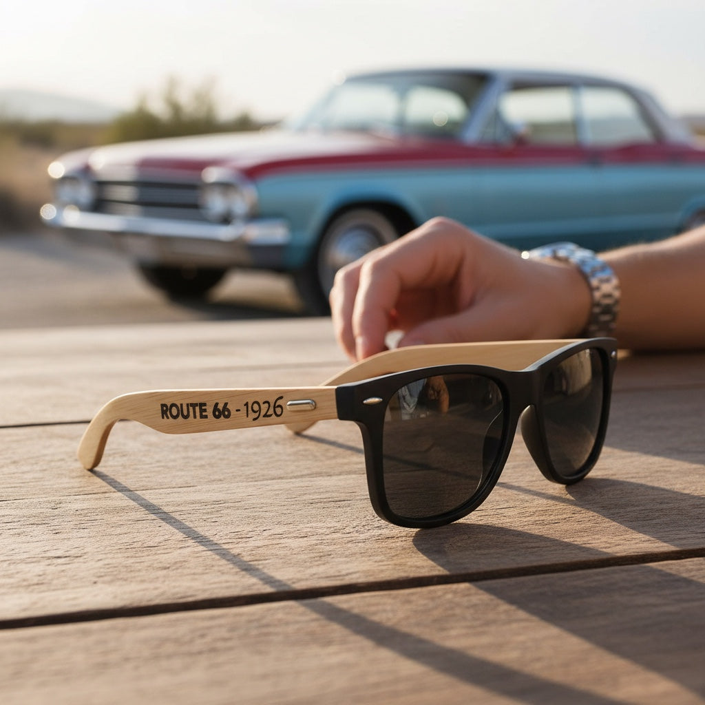 Black Route 66 sunglasses with bamboo arms engraved Route 66 1926 resting on table beside vintage car, stylish road trip sunglasses for travel lovers and souvenir buyers