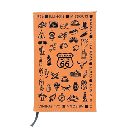 Route 66 travel icons leatherette journal notebook with engraved road trip symbols and 100 years Route 66 shield design featuring states along historic Route 66 travel route