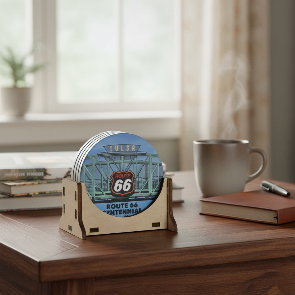 Route 66 Tulsa bridge sign ceramic coaster set in wood holder on desk table, round Tulsa souvenir coasters with iconic Route 66 landmark artwork and travel gift appeal
