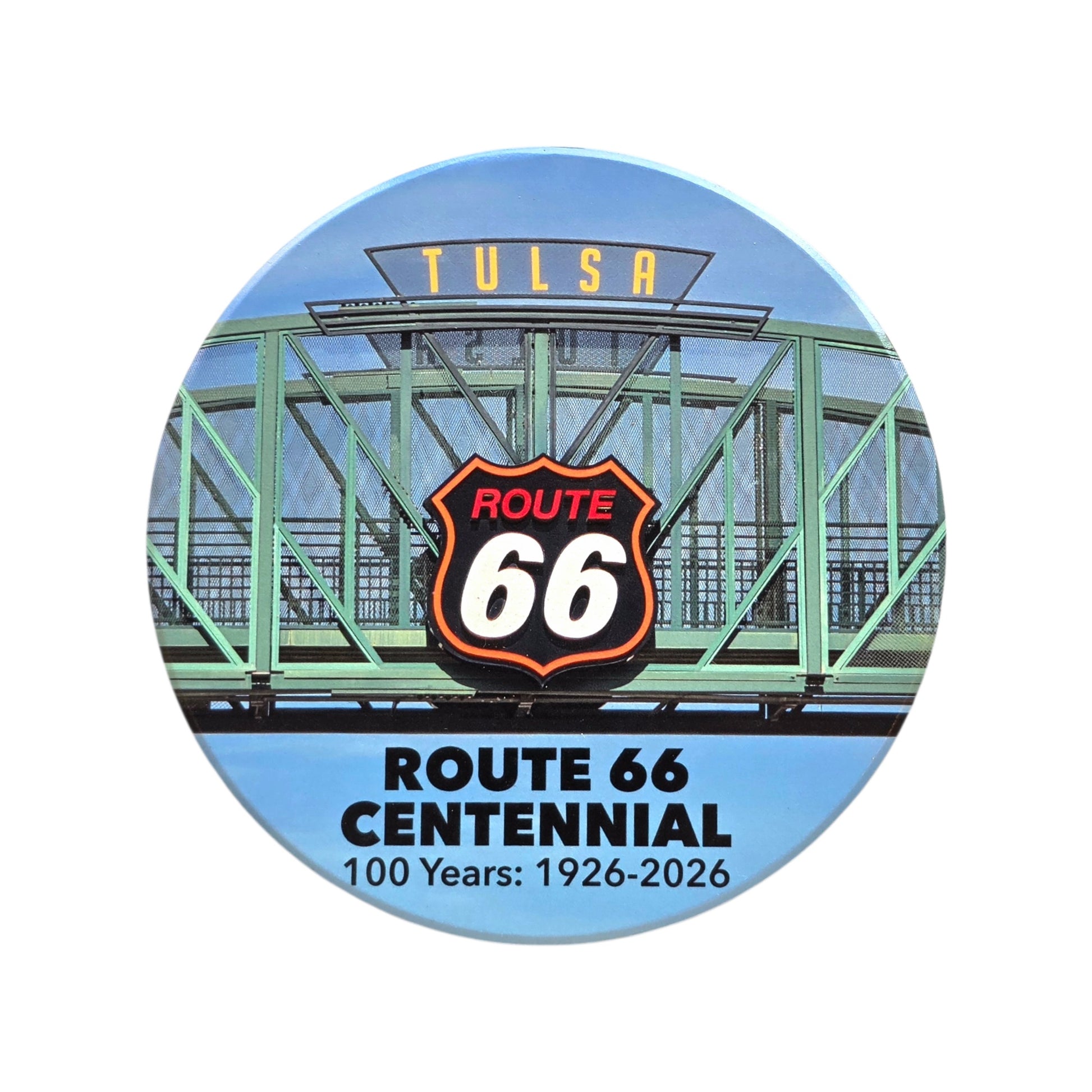 Front view of Route 66 Tulsa bridge sign round ceramic coaster featuring Tulsa landmark and Route 66 centennial design on plain background