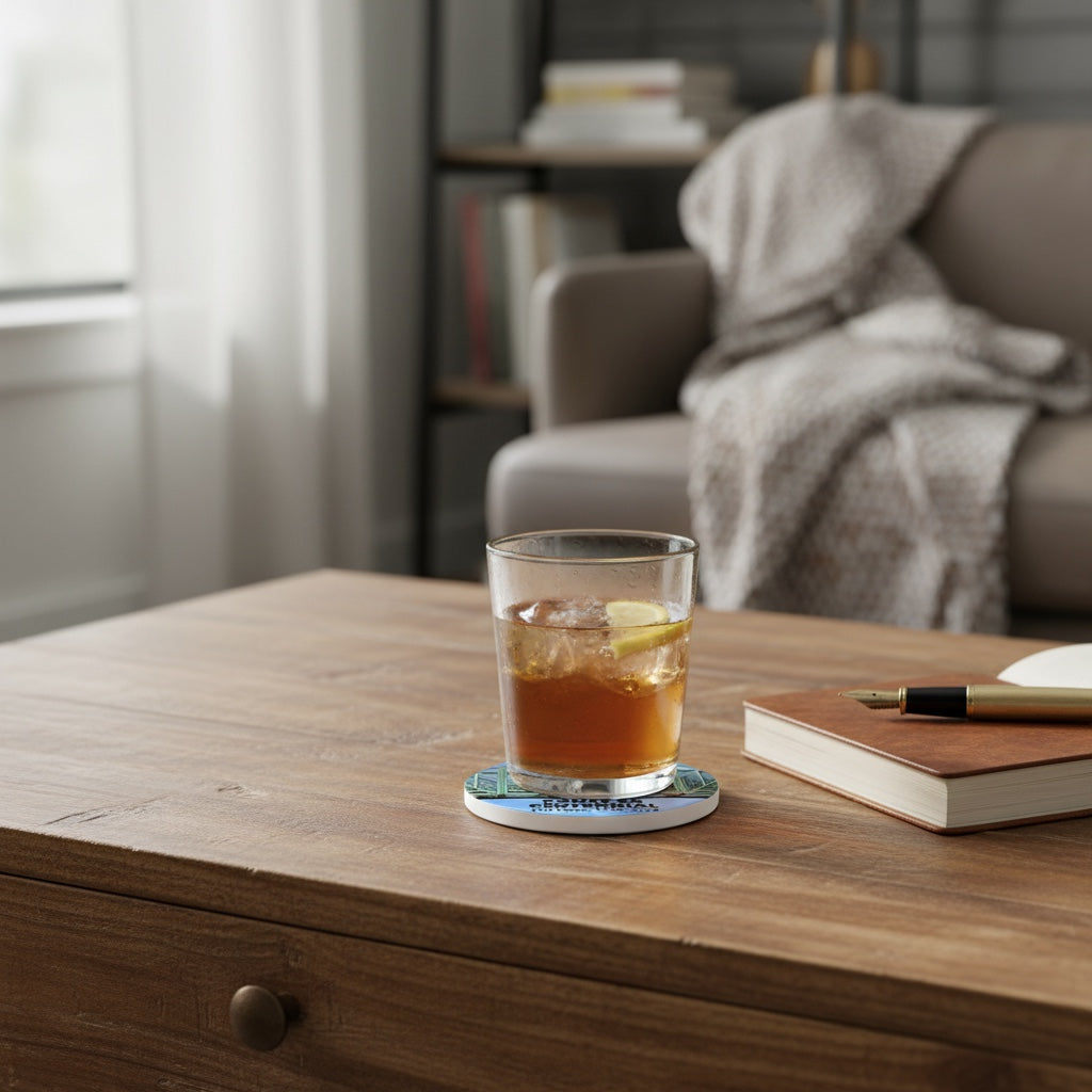 Round Route 66 Tulsa ceramic coaster under whiskey glass on wood coffee table, Tulsa Oklahoma souvenir coaster with bridge sign artwork for home decor gift