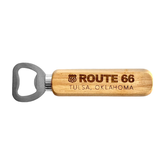Route 66 Tulsa Oklahoma wooden bottle opener with laser engraved Route 66 shield and location text, Oklahoma souvenir bottle opener with solid metal opener head