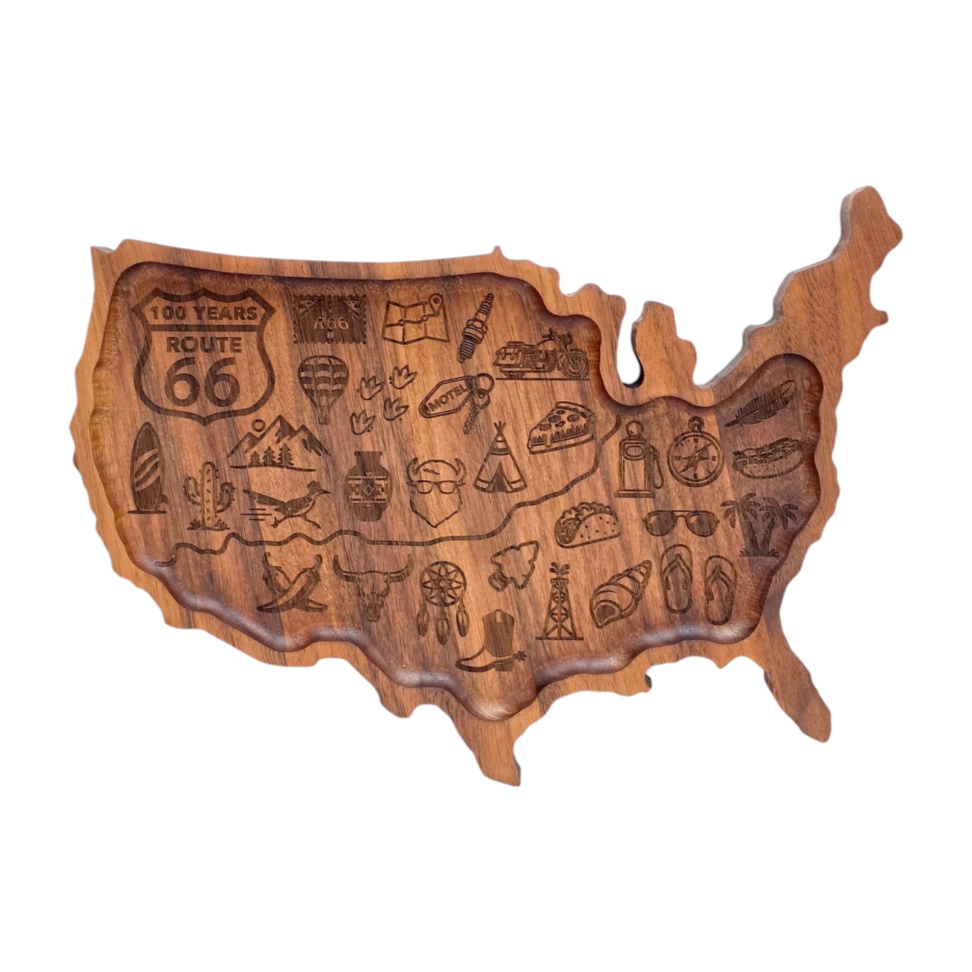 USA shaped wooden catch all tray engraved with Route 66 shield and Americana travel icons including classic car, cowboy boot, cactus, surfboard, motel key, taco, and vintage road trip artwork for travel lovers and souvenir collectors