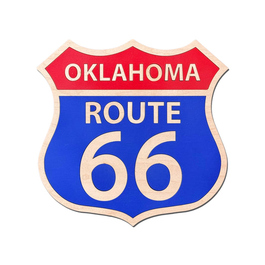 Route 66 wall decor wooden highway shield sign with red, white, and blue design, laser cut layered wood wall art for Route 66 travel themed home decor