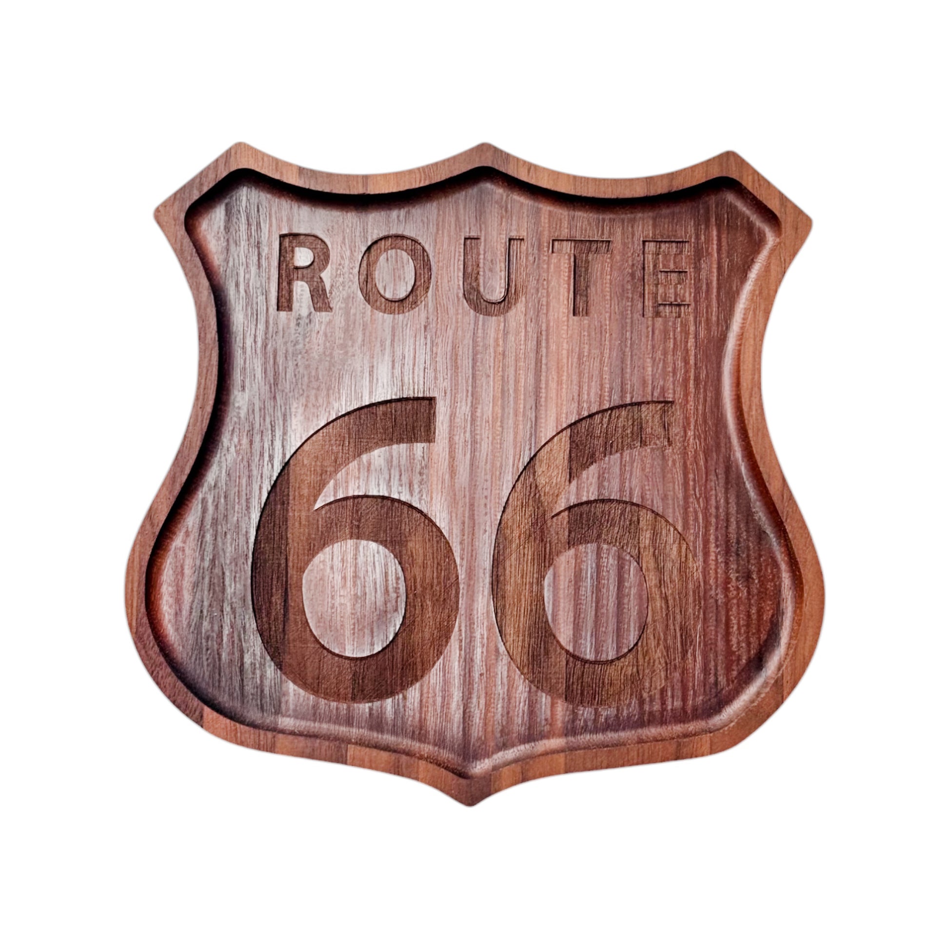 Route 66 walnut catch all tray in classic highway badge shape with laser engraved Route 66 design, solid walnut organizer tray for keys and everyday items