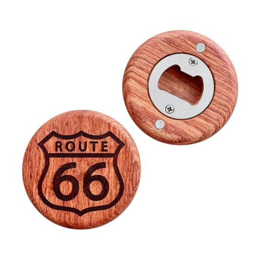 Flatlay image of a cherry wood bottle opener on a white background featuring a bold Route 66 design, ideal for Route 66 souvenirs