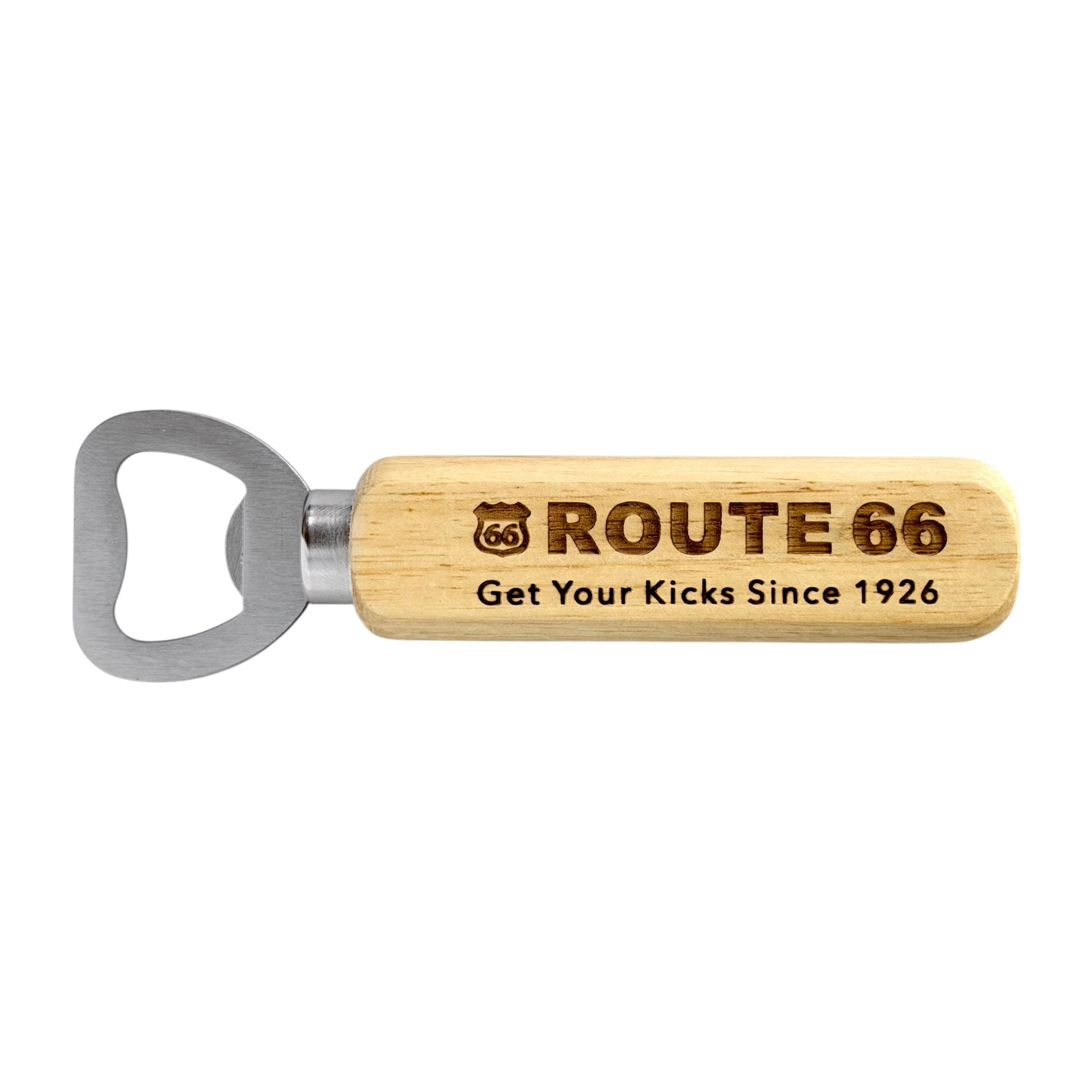 Route 66 wooden bottle opener with engraved Get Your Kicks Since 1926 design on natural wood handle and stainless steel opener, vintage Americana road trip souvenir gift