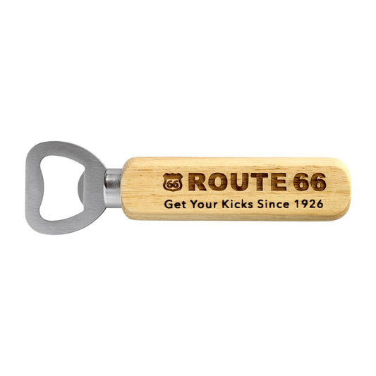 Route 66 wooden bottle opener with engraved Get Your Kicks Since 1926 design on natural wood handle and stainless steel opener, vintage Americana road trip souvenir gift