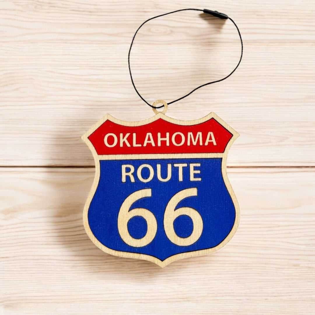 Flat lay of Route 66 wooden ornament showing Oklahoma highway shield shape, layered wood Route 66 ornament with hanging cord
