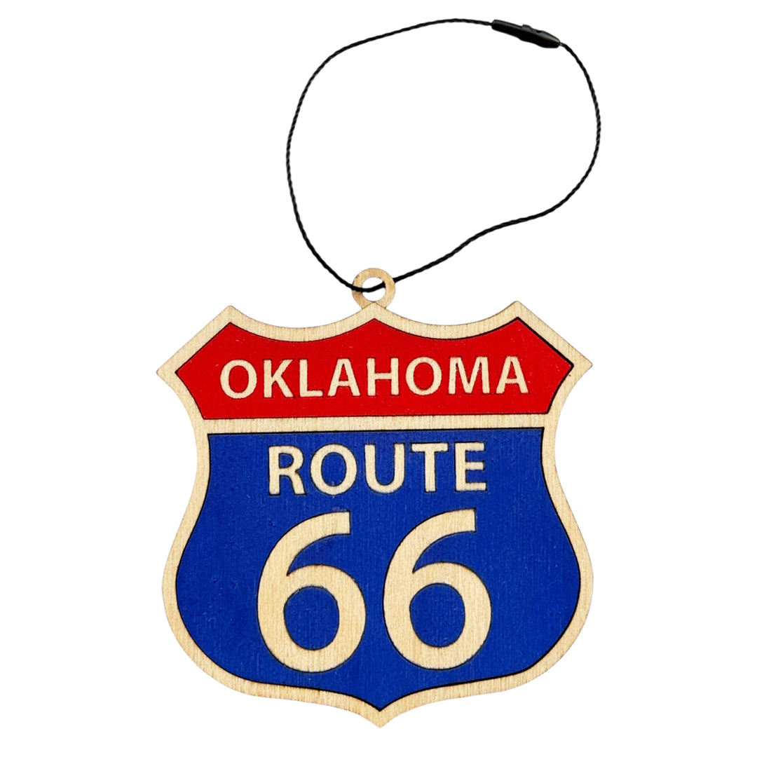 Route 66 wooden ornament in Oklahoma highway shield shape with red, white, and blue design, laser cut layered wood ornament with hanging cord for Route 66 gift or souvenir