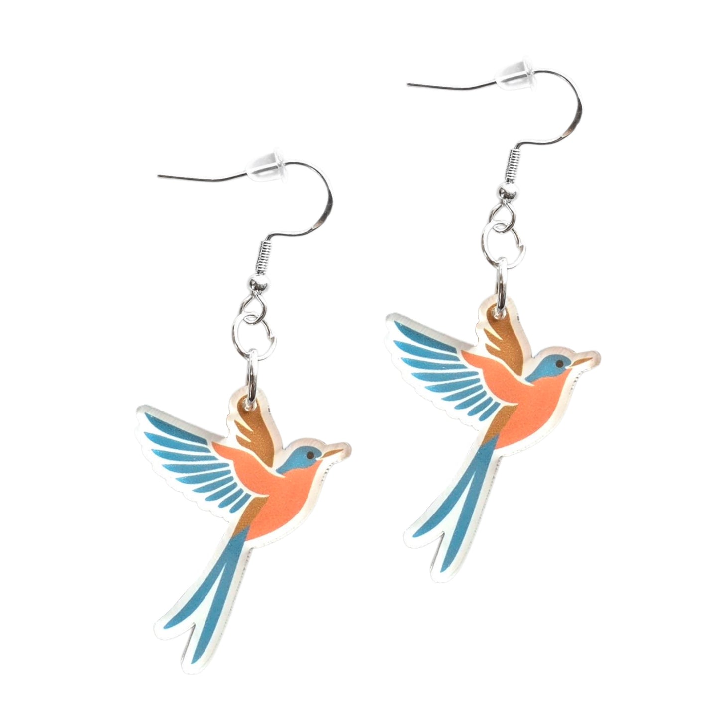 Color scissor-tailed flycatcher acrylic earrings showing Oklahoma state bird in flight, lightweight earrings with sterling silver hooks for Oklahoma or nature gift