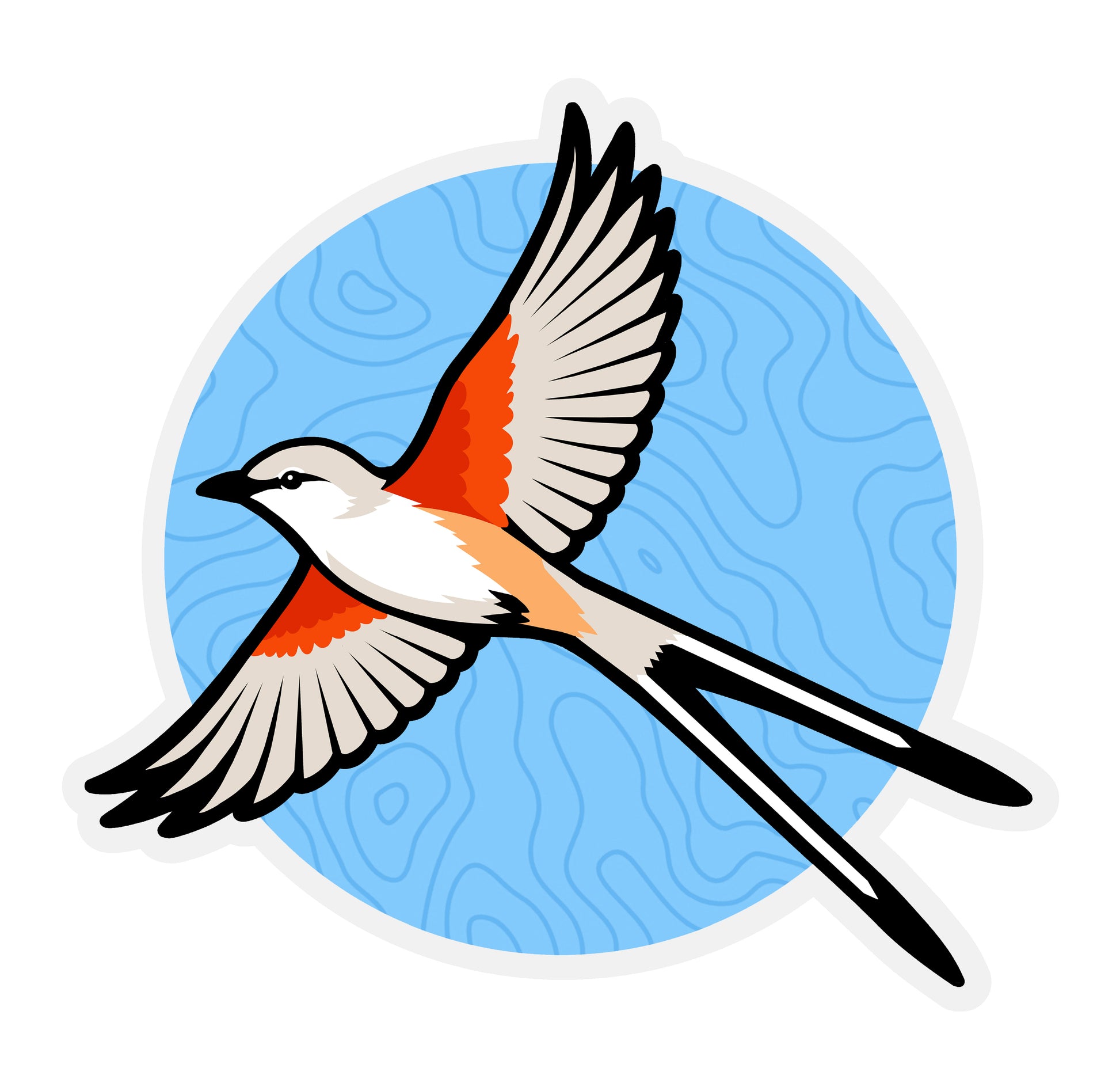 Scissor-tailed flycatcher vinyl sticker featuring Oklahoma’s state bird flying across a blue circular topographic map design with orange, black, white, and tan feathers