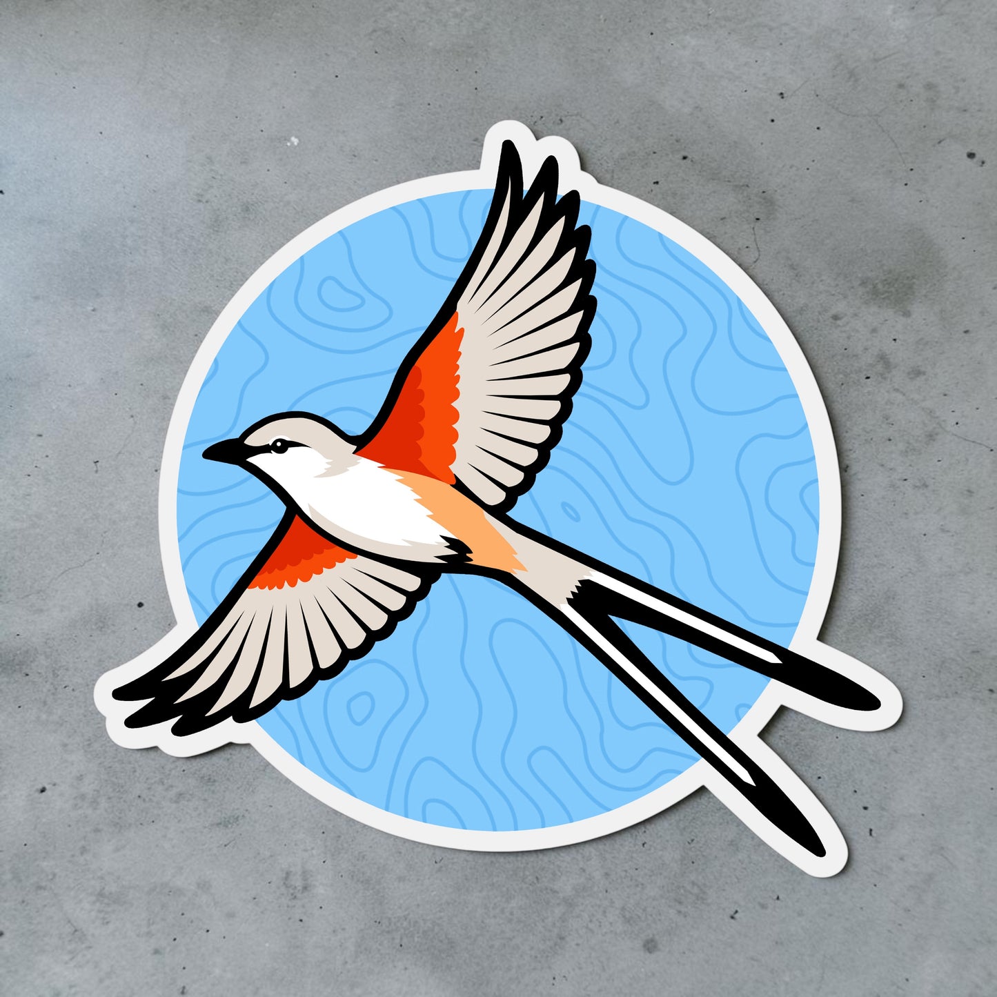 Oklahoma scissor-tailed flycatcher vinyl sticker displayed on a gray surface, showing the die-cut bird shape, white border, and blue topographic map background