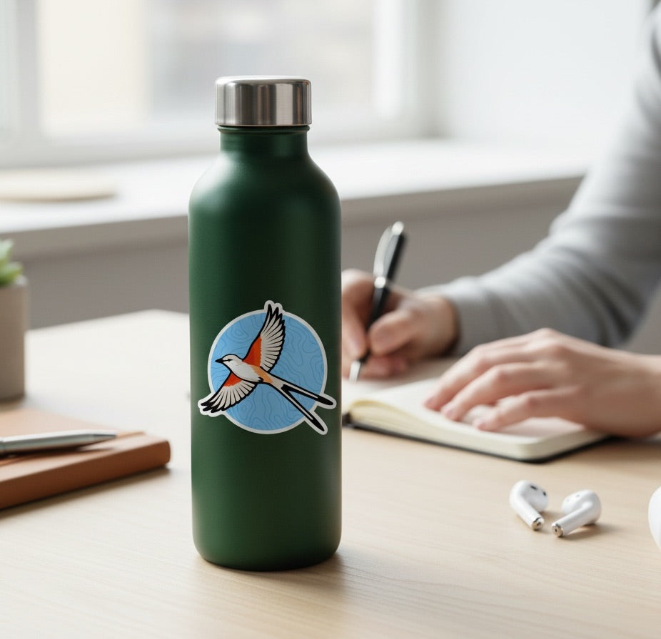 Scissor-tailed flycatcher vinyl sticker applied to a green reusable water bottle, showing an Oklahoma state bird sticker for travel gear, bottles, and outdoor accessories