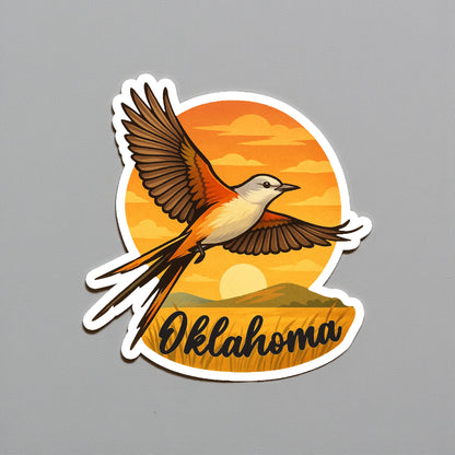 Die cut Oklahoma scissortail flycatcher sunset sticker displayed on a neutral wall surface, detailed state bird artwork with prairie sunset background and Oklahoma lettering for travel souvenir use