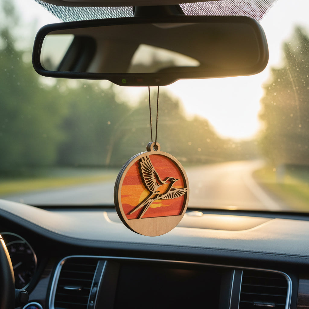 Round wooden scissortail flycatcher sunset car ornament hanging from rearview mirror, layered bird silhouette with warm orange and red sunset background, lightweight auto accessory gift for Oklahoma locals, bird lovers, and Route 66 road trip souvenir collectors