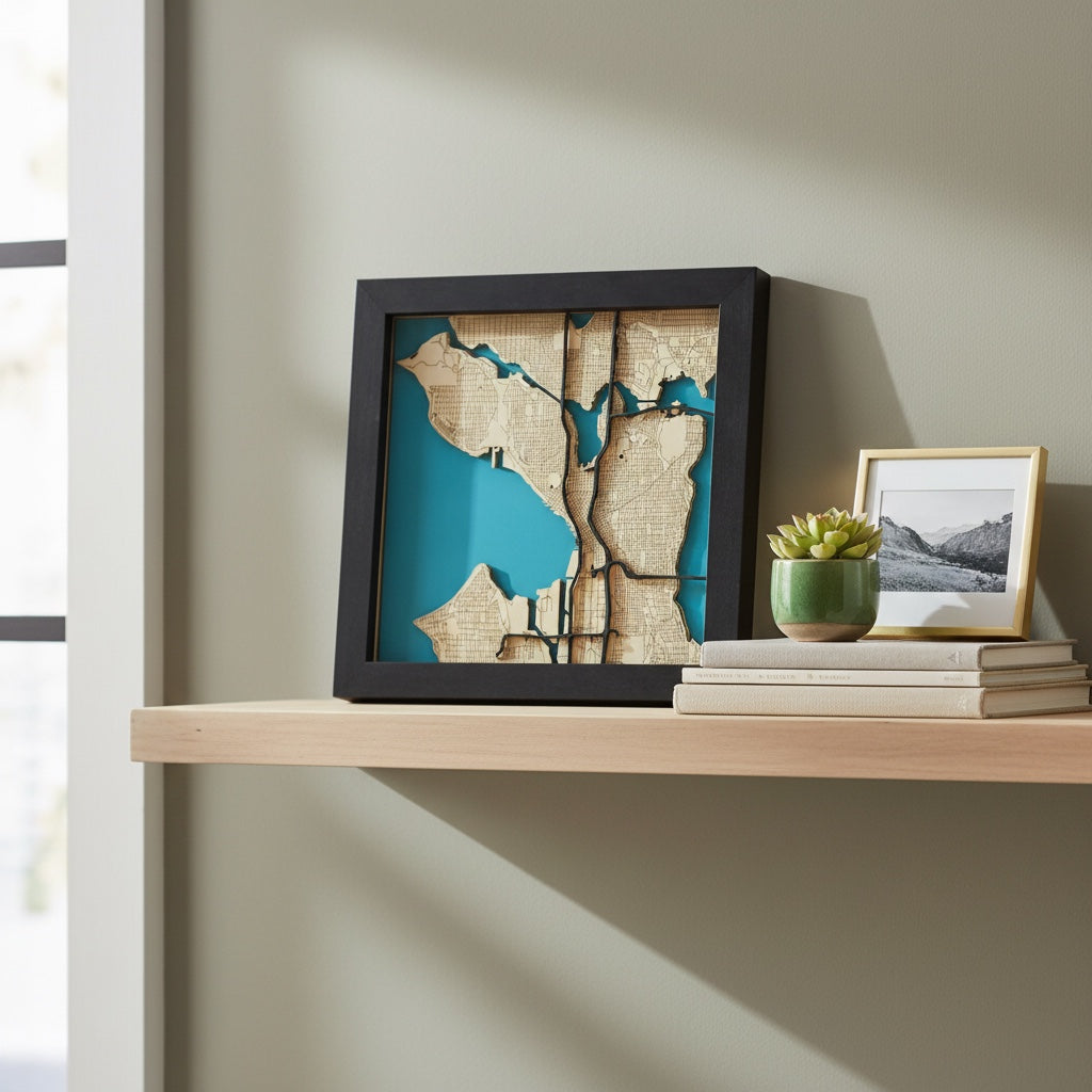 framed Seattle layered wood city map styled on floating shelf with books and plant, modern travel souvenir wall art for home decor