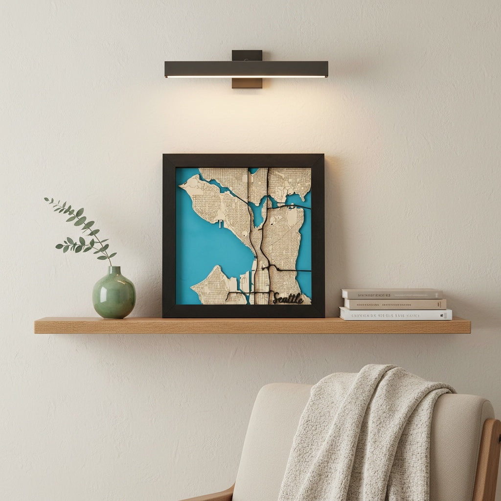 Seattle wooden city map wall art displayed on shelf with modern home decor, framed layered wood map used as travel inspired wall piece