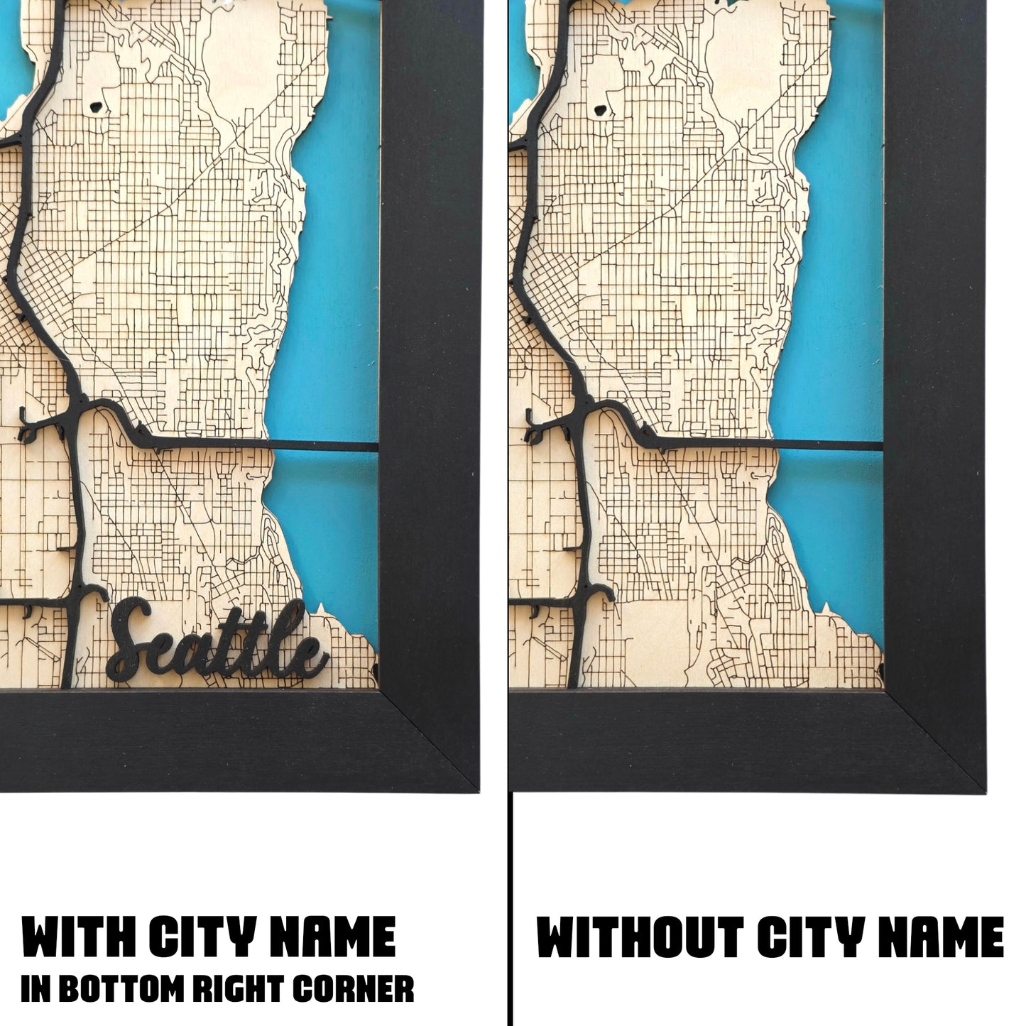 comparison of Seattle wooden map wall art with and without city name in bottom corner, framed layered wood city map decor options