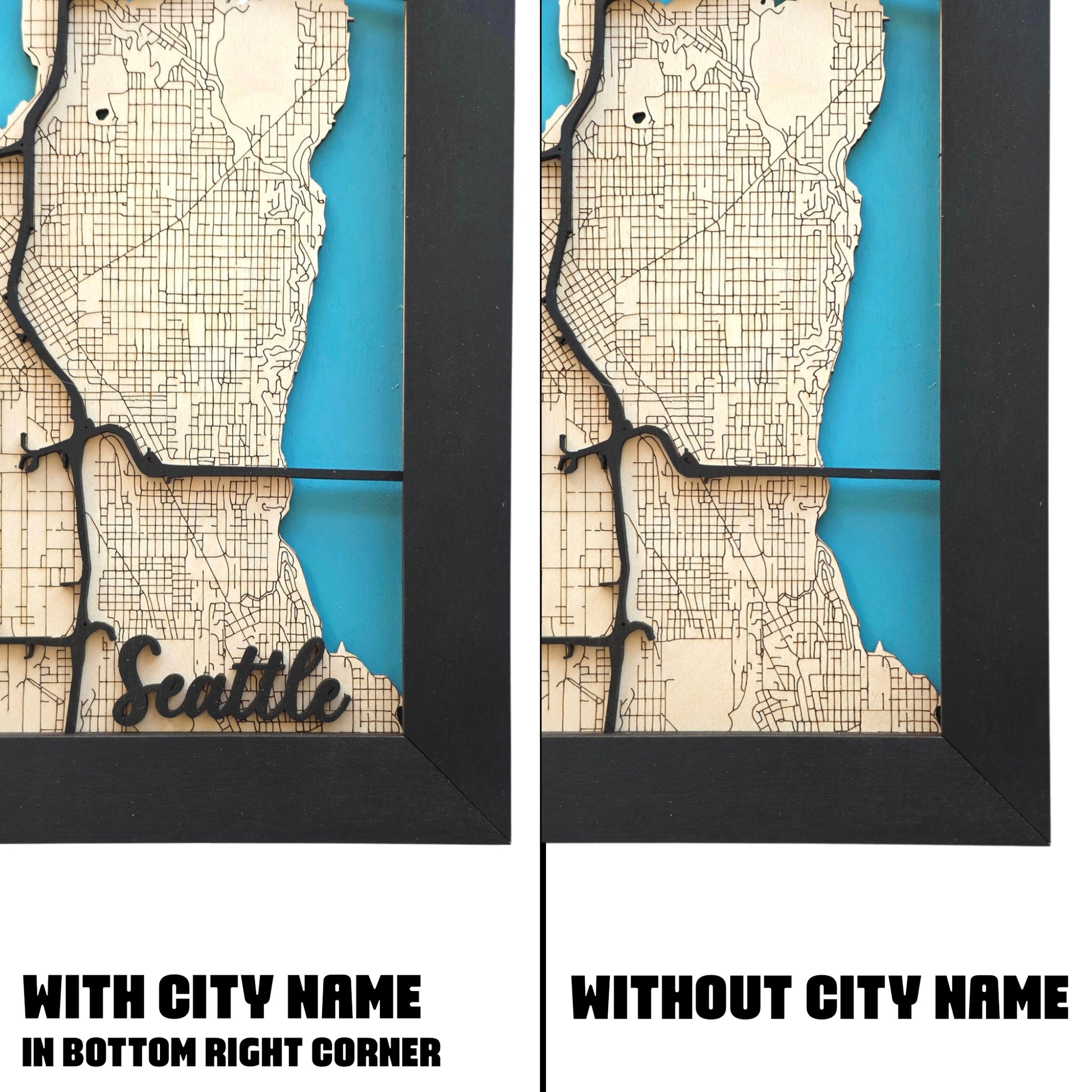 comparison of Seattle wooden map wall art with and without city name in bottom corner, framed layered wood city map decor options