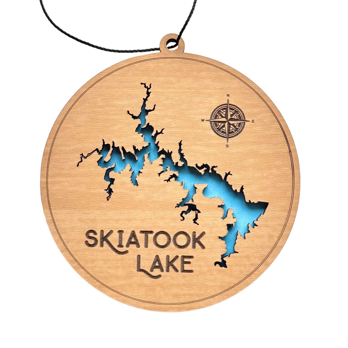 Skiatook Lake wooden ornament with layered map design, laser cut prefinished wood top layer and painted blue water layer, round lake ornament on white background
