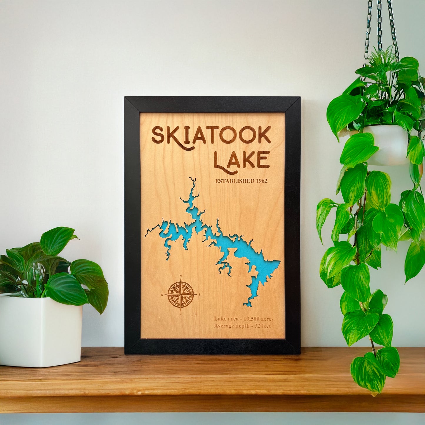 Skiatook Lake wooden map wall art displayed on a shelf with plants and home decor