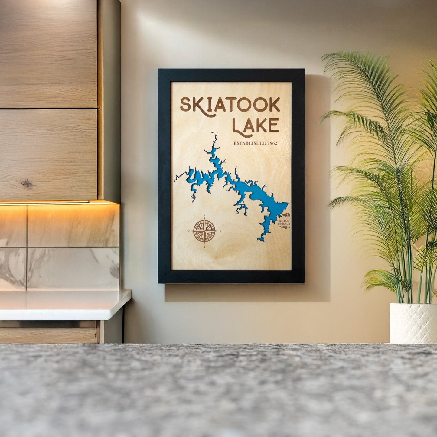 Skiatook Lake framed wooden map displayed on a wall in a modern home interior