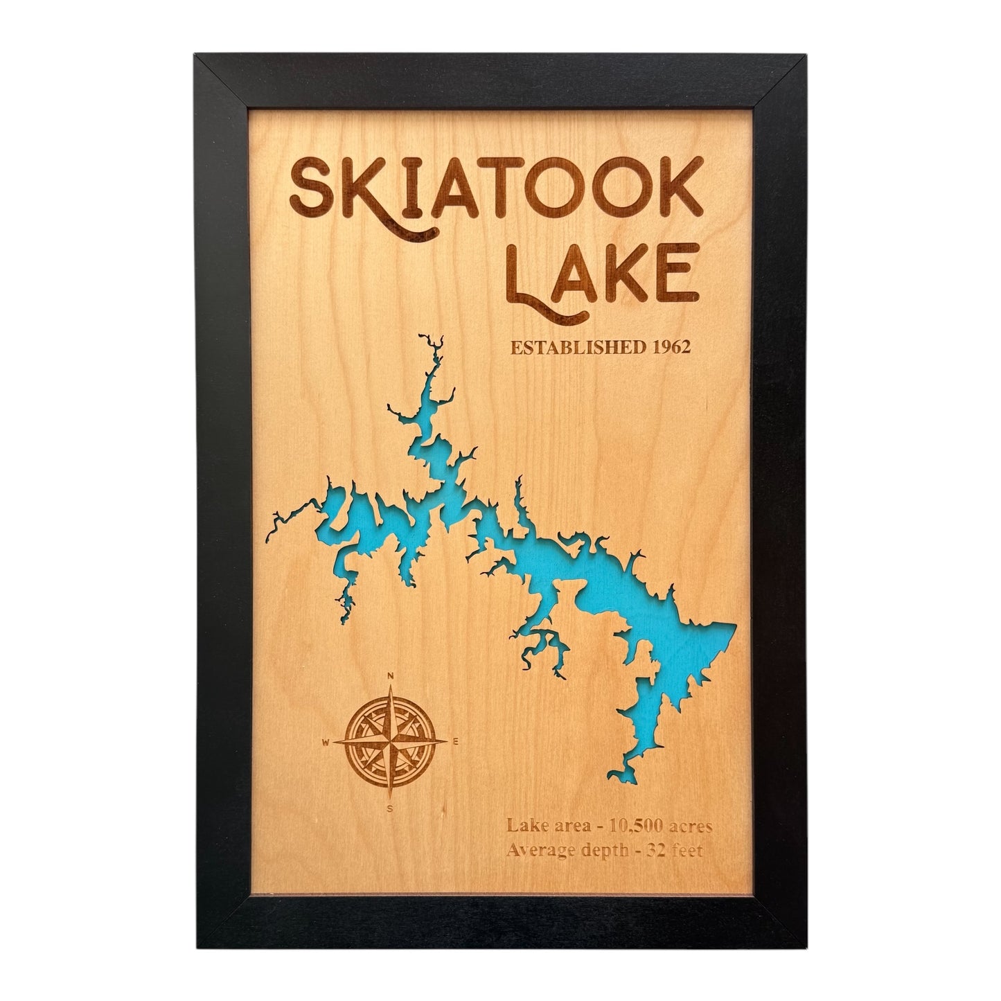 Framed wooden Skiatook Lake map with blue lake cutout and engraved lake details