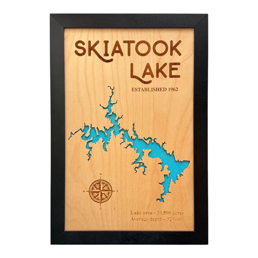 Framed wooden Skiatook Lake map with blue lake cutout and engraved lake details