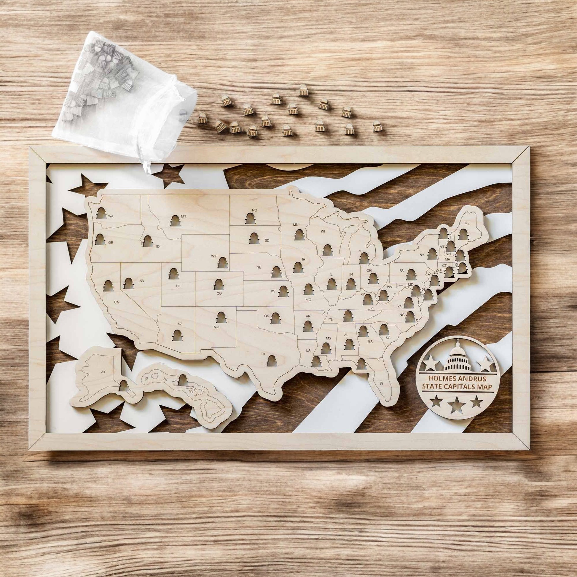 USA state capitals wooden map with Capitol shaped markers and drawstring storage bag