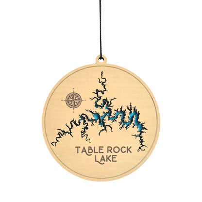 Table Rock Lake wooden ornament hanging with detailed laser-cut shoreline design, handmade Missouri keepsake.