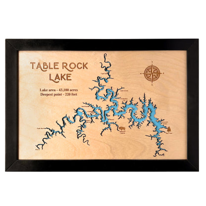Table Rock Lake wooden map wall art in black frame with laser cut lake shoreline and blue water layer, engraved details for lake house decor