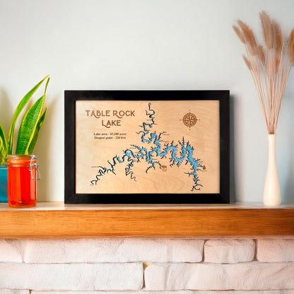 Table Rock Lake framed wooden map displayed on shelf with decor, laser cut lake map wall art for cabin or lake house