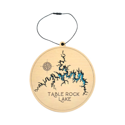 Table Rock Lake wooden ornament with detailed lake map design cut into natural wood, round lake map ornament with black hanging cord for Missouri lake gift or souvenir