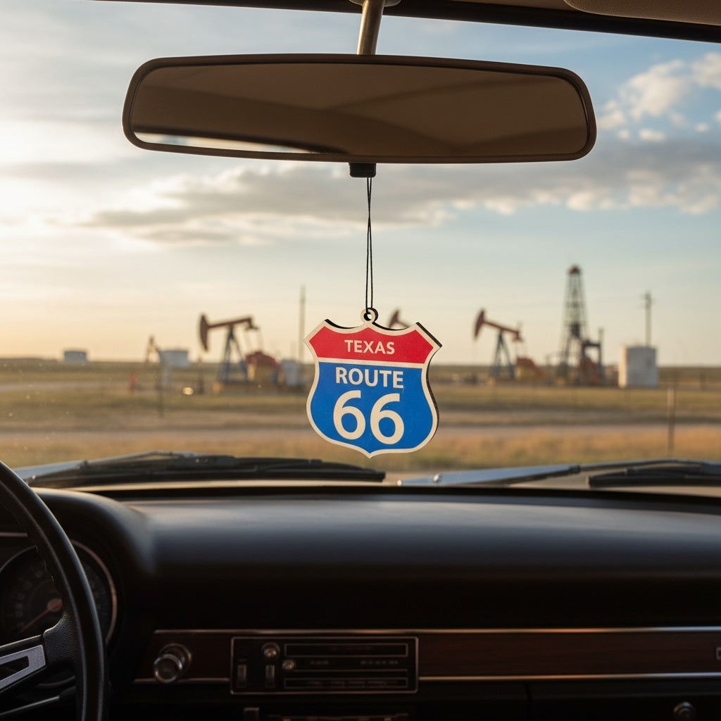 Texas Route 66 shield wood ornament hanging from a car rearview mirror with Texas oil field landscape in background, Americana road trip decor inspired by historic Route 66 travel