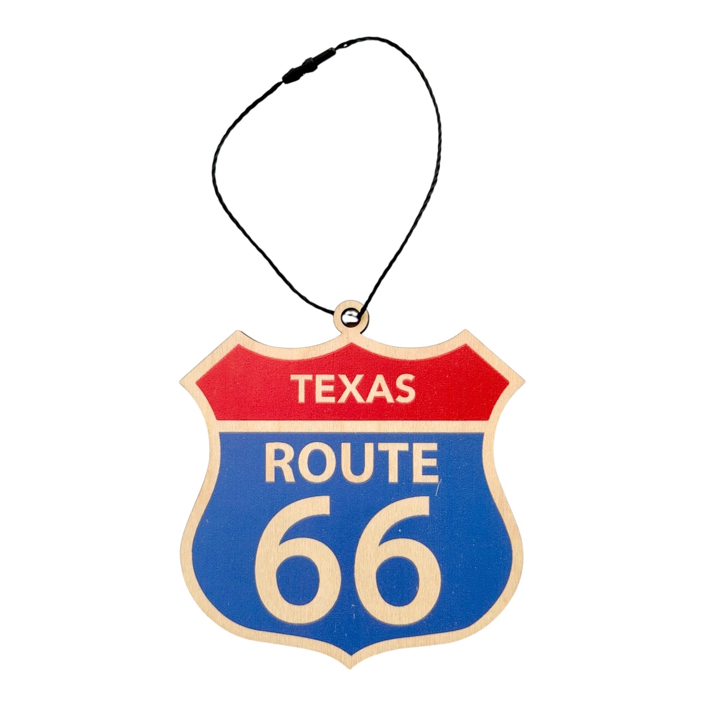Texas Route 66 shield wood ornament with vintage red white and blue highway sign design and black hanging cord, laser cut Route 66 travel souvenir ornament