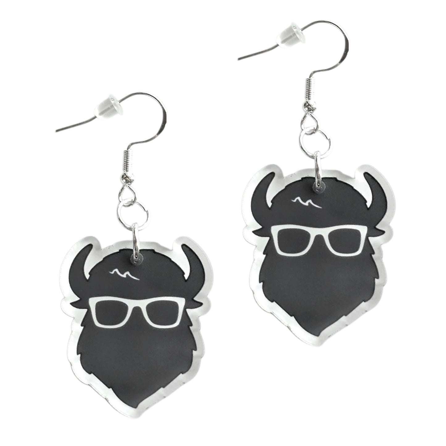 Black and white The Curious Bison head acrylic earrings with glasses design, lightweight statement earrings with sterling silver hooks for Oklahoma or Route 66 gift