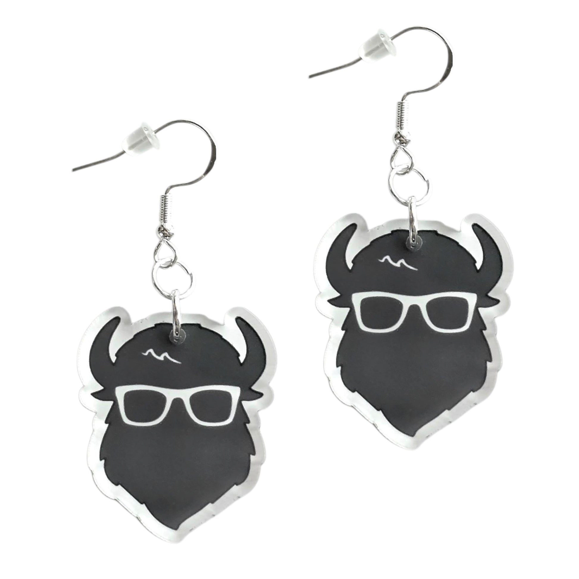 Black and white The Curious Bison head acrylic earrings with glasses design, lightweight statement earrings with sterling silver hooks for Oklahoma or Route 66 gift