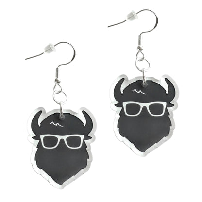 Black and white The Curious Bison head acrylic earrings with glasses design, lightweight statement earrings with sterling silver hooks for Oklahoma or Route 66 gift