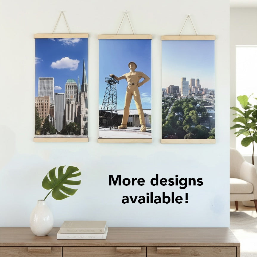 Collection of Tulsa Oklahoma canvas wall hangings featuring downtown Boston Avenue, the Golden Driller, and the Tulsa skyline, displayed as vertical photographic wall decor