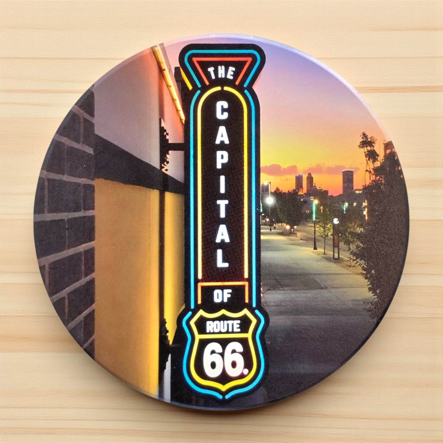 Tulsa Capital of Route 66 ceramic coaster featuring neon sign and Tulsa skyline at sunset, Oklahoma souvenir by The Curious Bison.