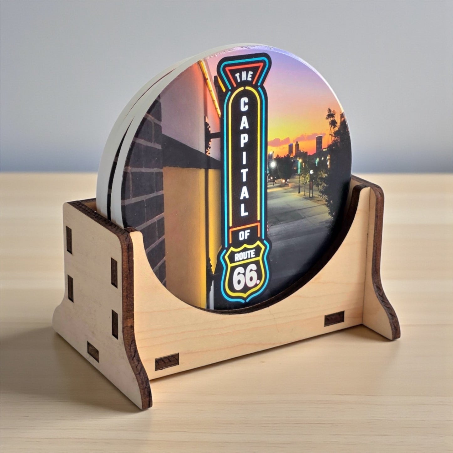 Set of Tulsa Capital of Route 66 ceramic coasters displayed in a wooden stand, Route 66 themed Tulsa coaster set for home decor or gifting