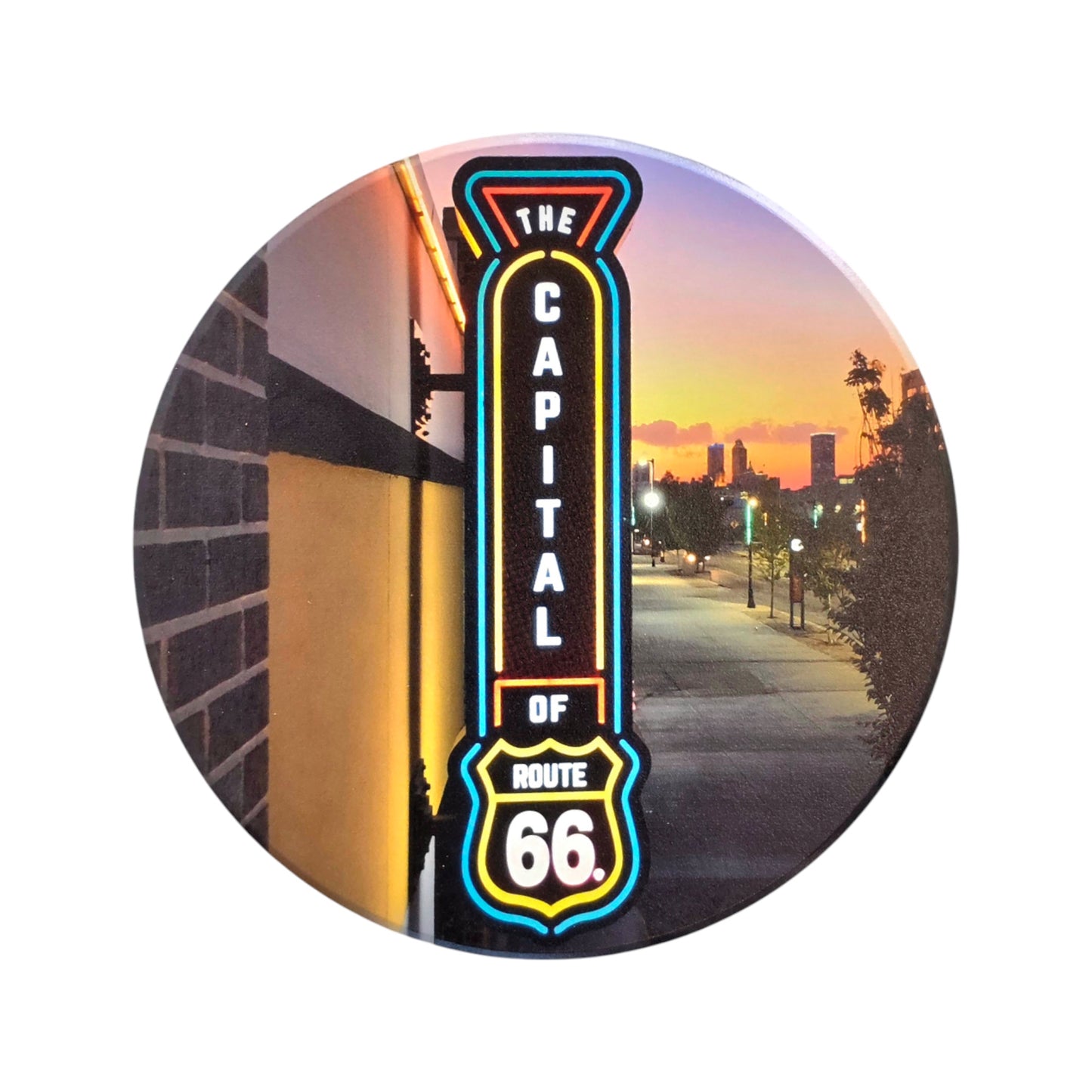 Round Tulsa Capital of Route 66 ceramic coaster featuring the iconic neon sign at sunset, Route 66 souvenir coaster for home or office use