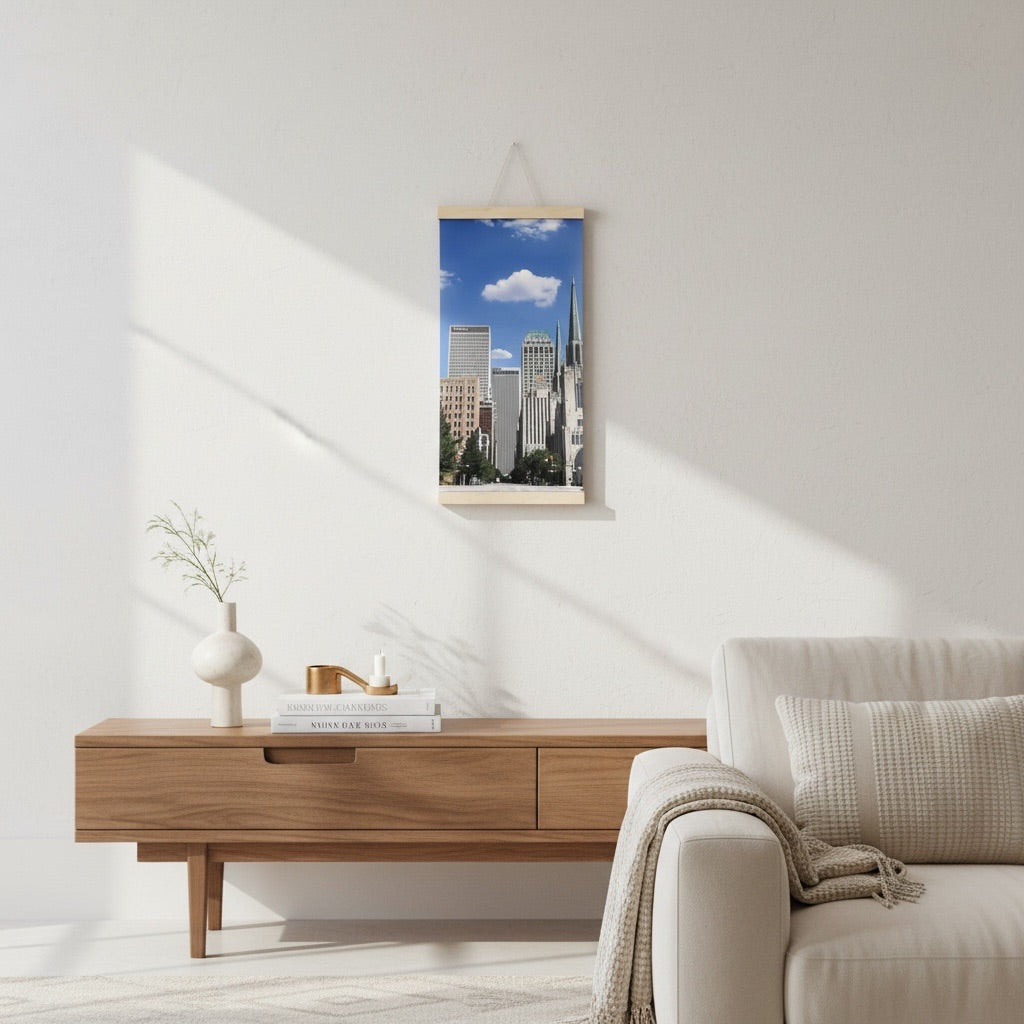 Tulsa downtown canvas wall hanging displayed above a wood console in a living room, showing Boston Avenue architecture and the Tulsa skyline as Oklahoma home decor