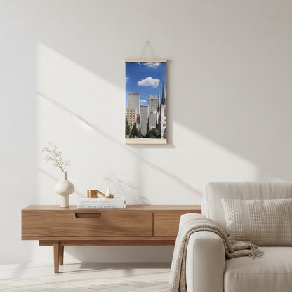 Tulsa downtown canvas wall hanging displayed above a wood console in a living room, showing Boston Avenue architecture and the Tulsa skyline as Oklahoma home decor