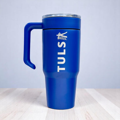 Blue Tulsa Driller 30oz stainless steel tumbler with handle and clear lid, insulated drinkware for Tulsa souvenir or road trip use