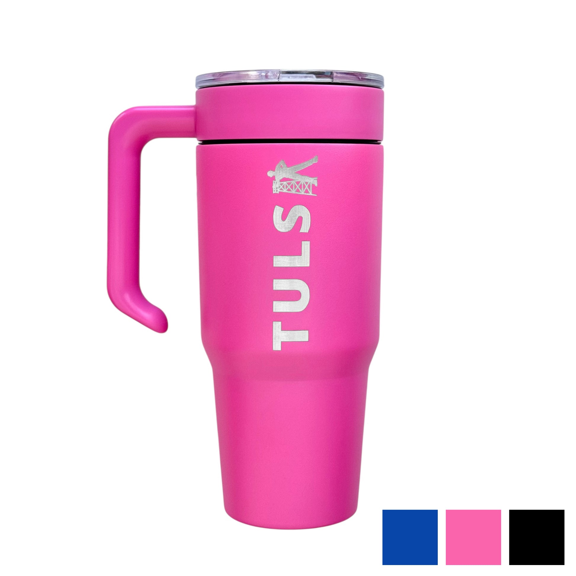 Pink Tulsa Driller 30oz stainless steel tumbler with handle and vertical Tulsa design, insulated travel cup for Tulsa souvenir or Route 66 gift