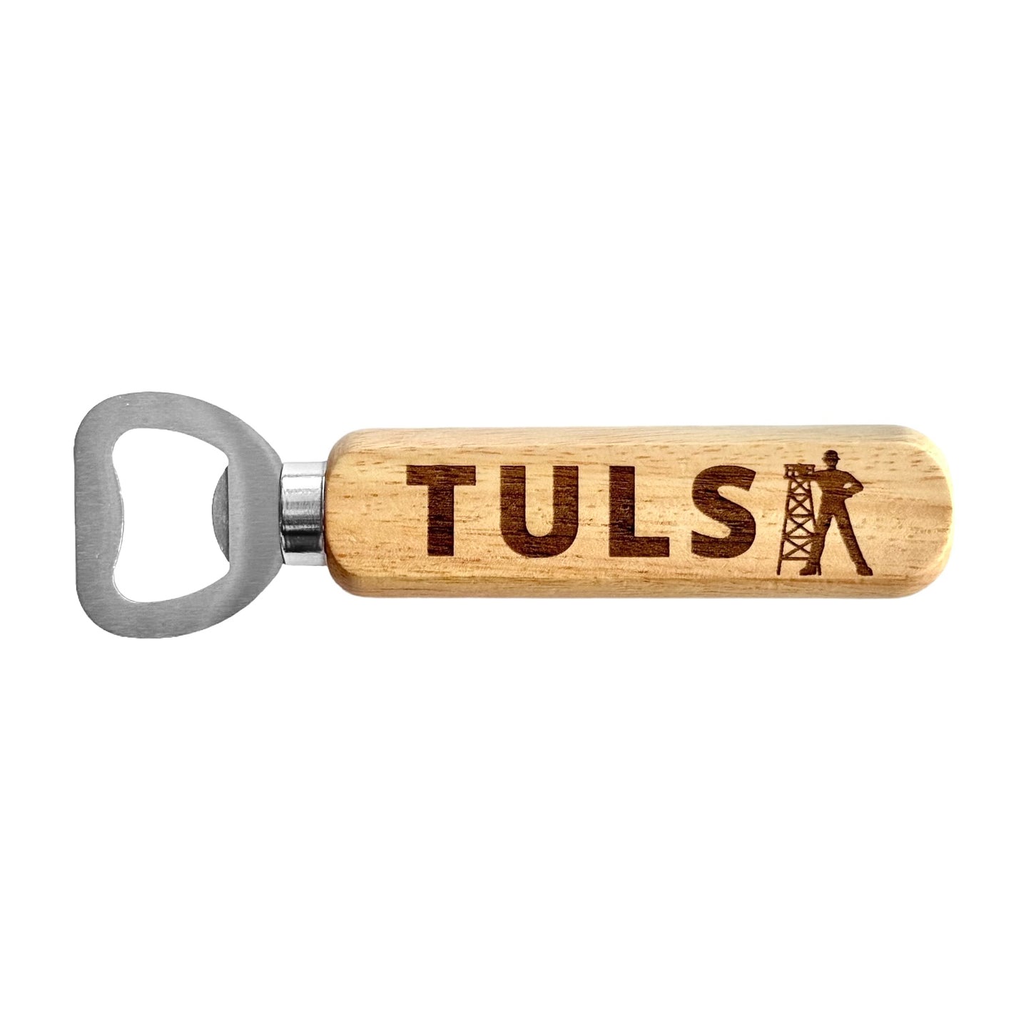Tulsa Driller bottle opener with engraved wooden handle on white background, Oklahoma themed bar tool and Tulsa souvenir gift