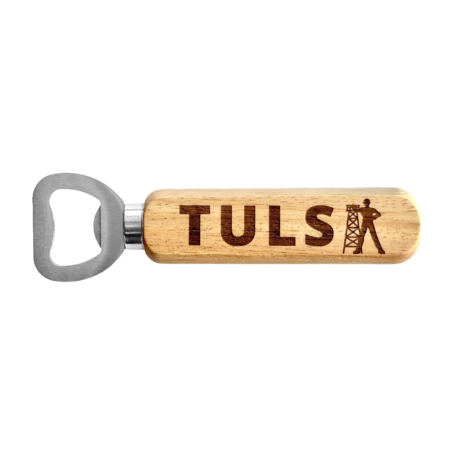 Tulsa Driller bottle opener with engraved wooden handle on white background, Oklahoma themed bar tool and Tulsa souvenir gift